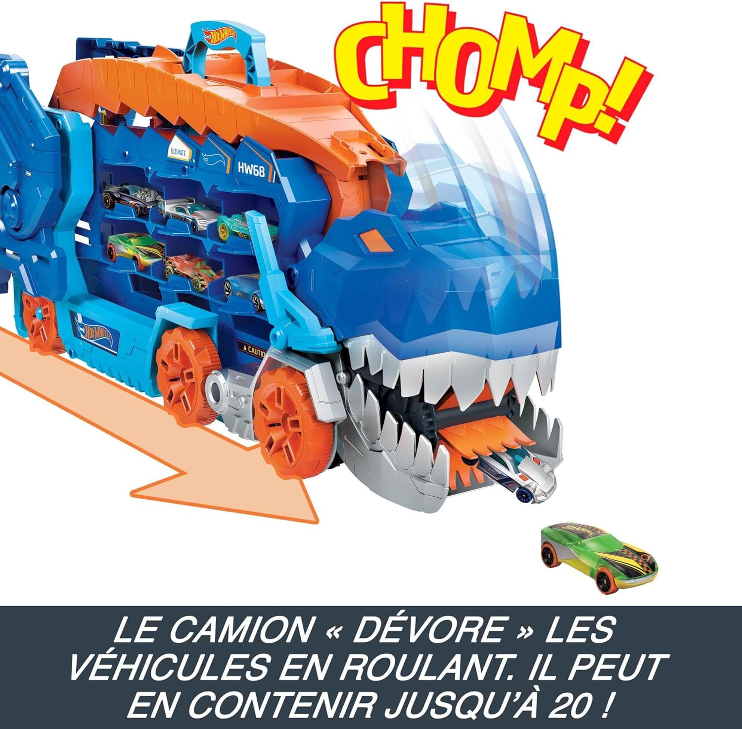 Hot Wheels Let’s Race Netflix - Camion City Transporteur T-Rex Qui Se Cabre pour Se Transformer en T-Rex avec Piste De Course, Lumières Et Sons, Jouet Enfant, Dès 3 Ans, HNG50