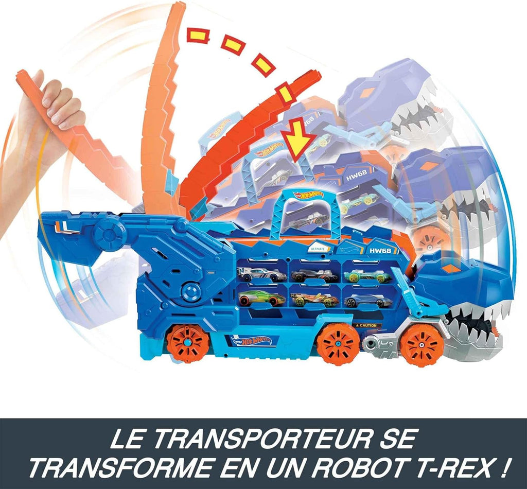 Hot Wheels Let’s Race Netflix - Camion City Transporteur T-Rex Qui Se Cabre pour Se Transformer en T-Rex avec Piste De Course, Lumières Et Sons, Jouet Enfant, Dès 3 Ans, HNG50