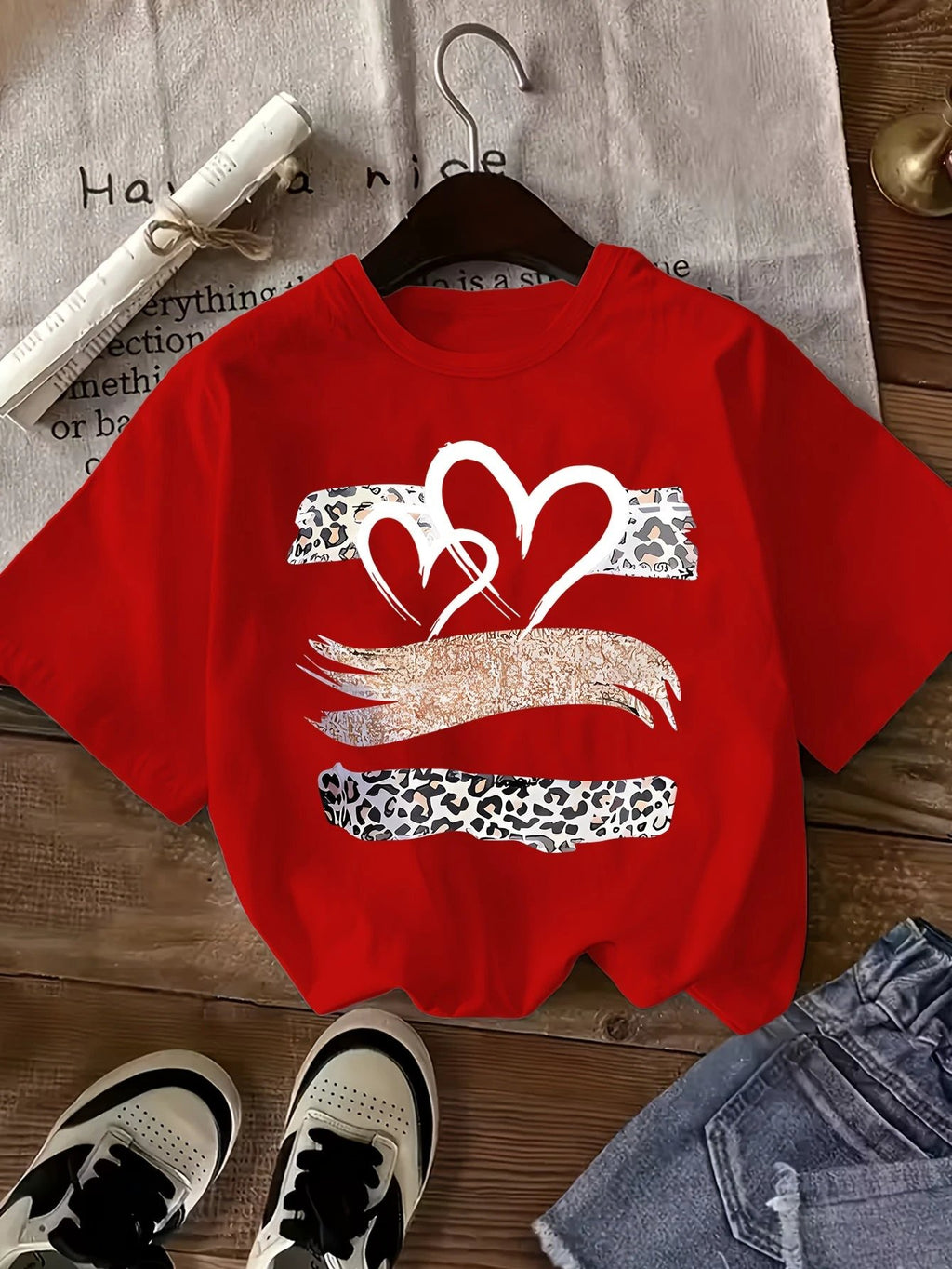 Lot de 3 T Shirts Fille Coeur Imprimé Léopard Noir Rose Blanc