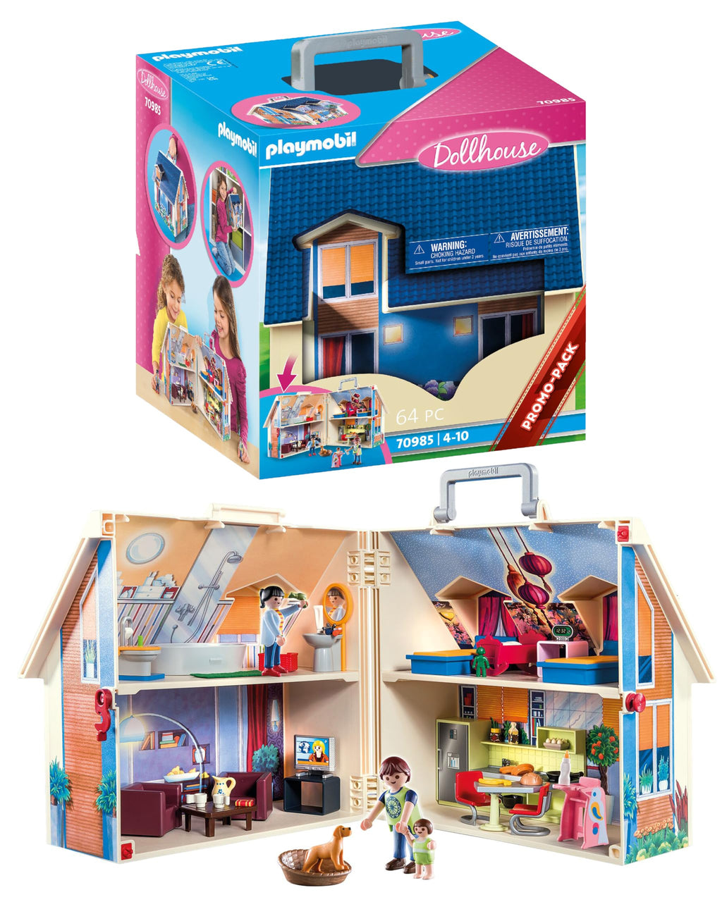 Playmobil 70985 Maison transportable - Dollhouse - avec Trois Personnages, Salle de Bains, Chambre, Salon et Cuisine - Tout équipée - La Maison Traditionnelle - s'ouvre s'emporte Partout - Dès 5 Ans