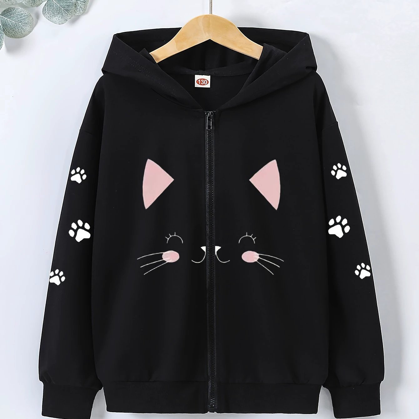 Sweat À Capuche Zip Enfant Noir Avec Visage Chat Et Pattes Sur Manches