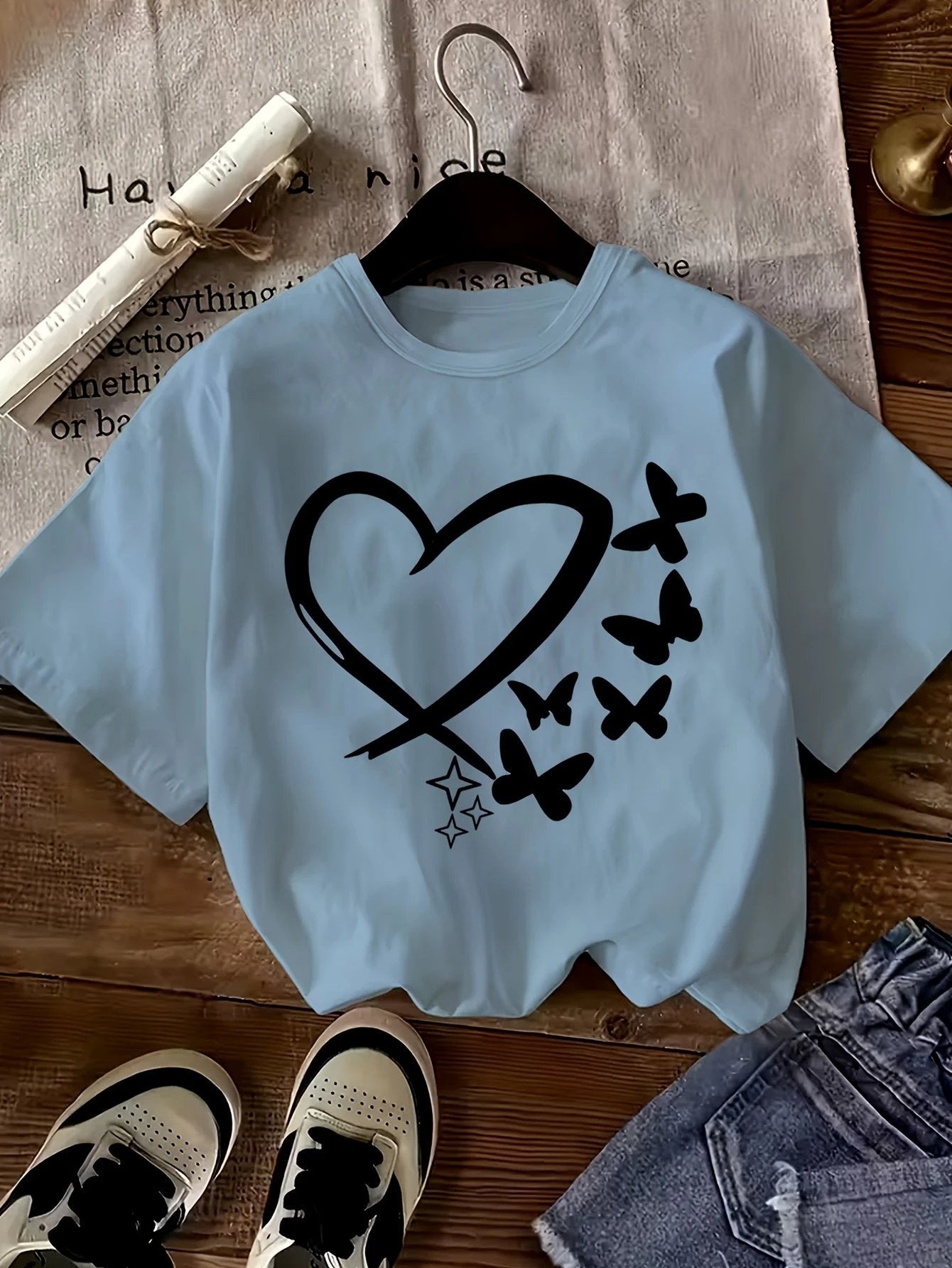 Lot de 3 T Shirts Fille Coeur Imprimé Léopard Noir Rose Blanc