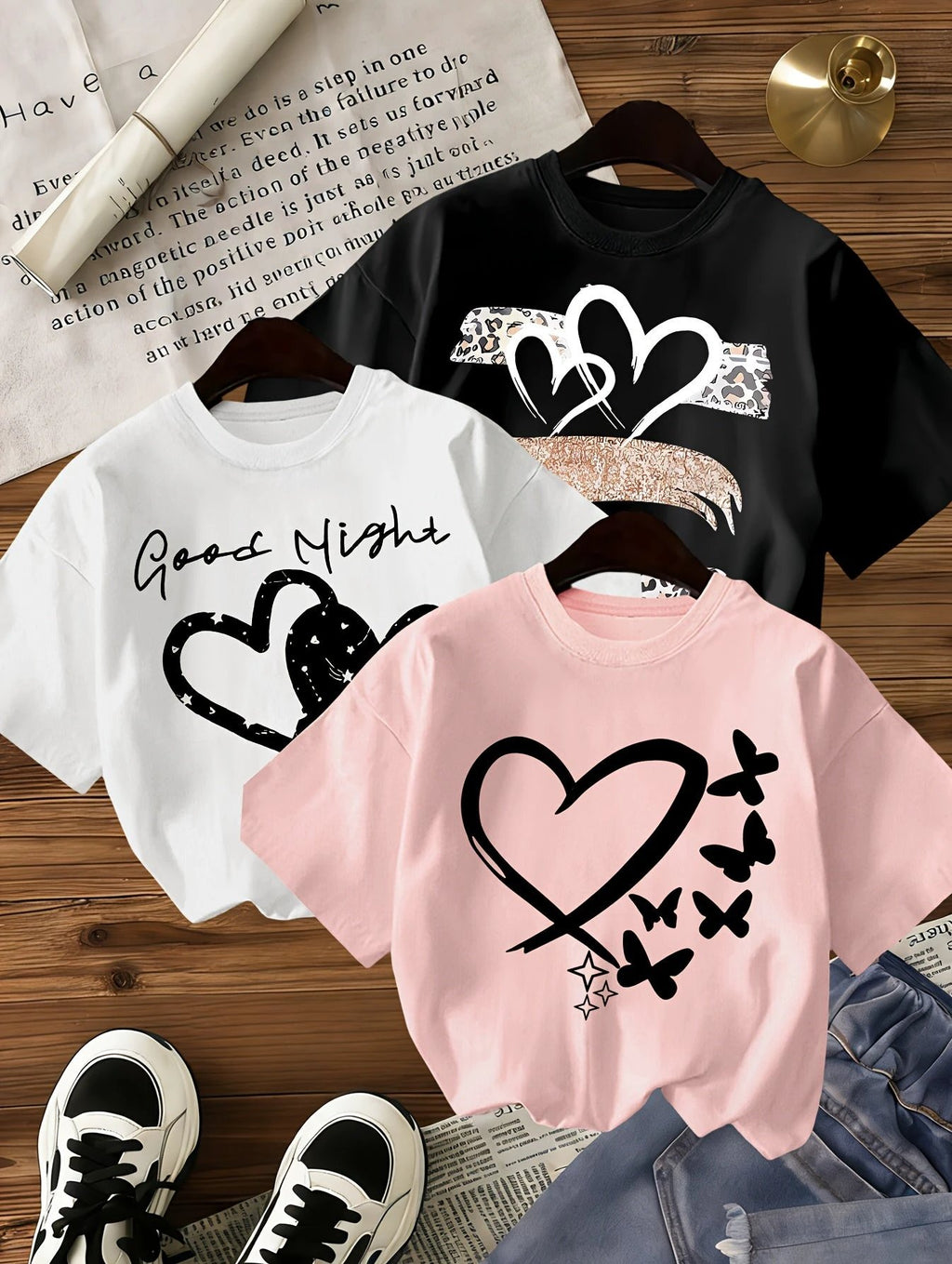 Lot de 3 T Shirts Fille Coeur Imprimé Léopard Noir Rose Blanc