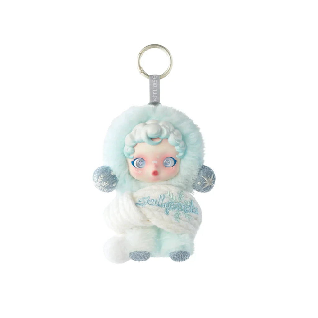 Peluche porte-clés SkullPanda Winter Symphony, mini plush bleu clair et blanc avec capuche