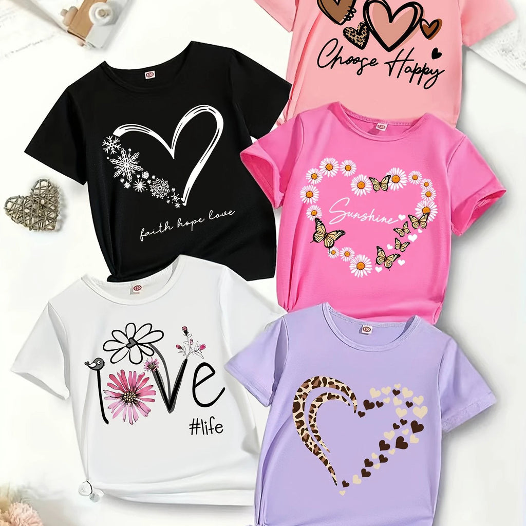 Lot De 5 T-Shirts Fille Cœur Polyester Été Casual Classique
