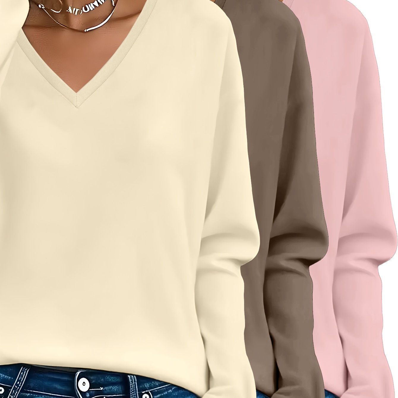 Lot de 3 Pulls Femme Col V Manches Longues 100 Pour Cent Coton Style Casual Élégant by LSDLBoutique.ch