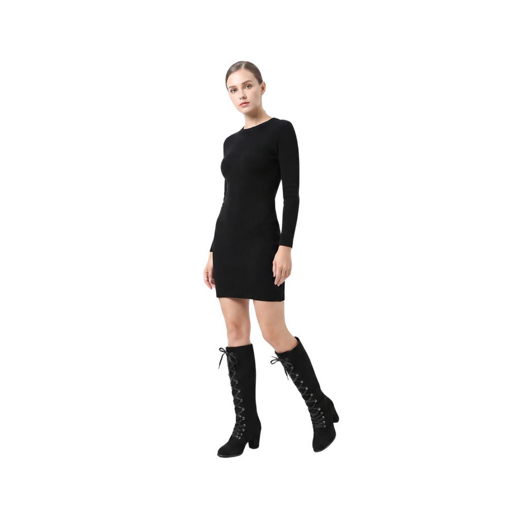Bottes femme mi-mollet à lacets croisés, noir, talon carré, style montante