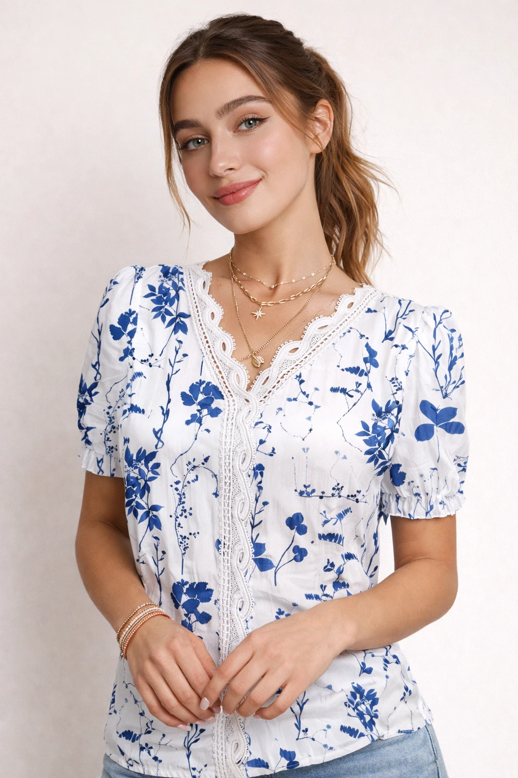 Chemise Décontractée Col V Ajourée Jacquard Floral Été