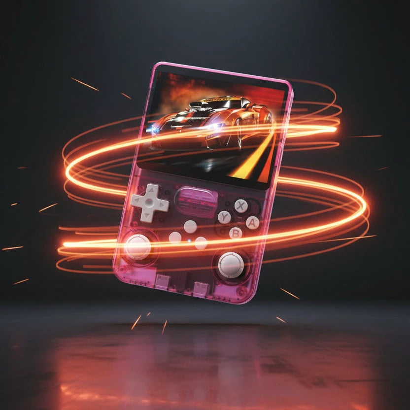 Console de Jeu portable Boyhom R36S ARKOS 2.0 transparente rose, écran et boutons colorés