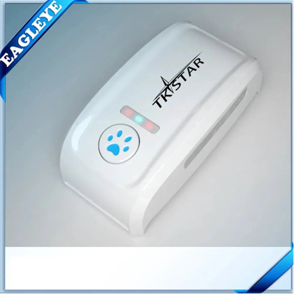GPS tracker pour animaux TK909, boîtier blanc IP67, LED d’indication et bouton patte