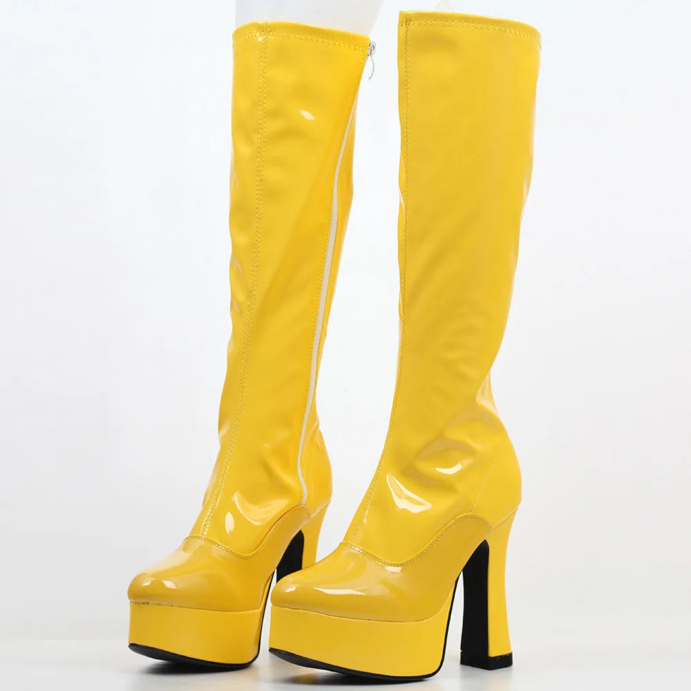 Bottes Femme Genou Haut Talons Épais Plateforme Style Occidental Cuir