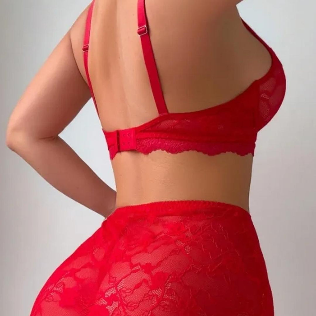 Marilyne Ensemble En Dentelle Rouge Avec Jupe Voile Transparente Deux Pieces Pour Femme Élégante by Les Secrets de Léa