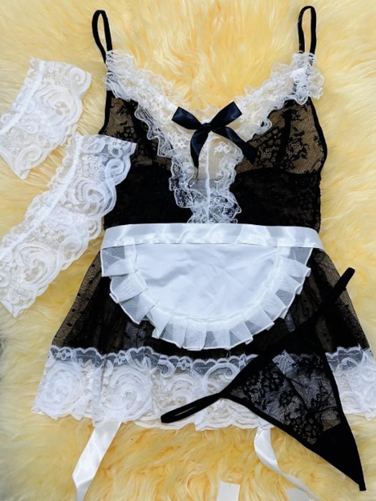 Nafiss Tenue Femme De Chambre Noire Et Blanche En Dentelle Avec Tablier Et Manches Élégantes by Les Secrets de Léa