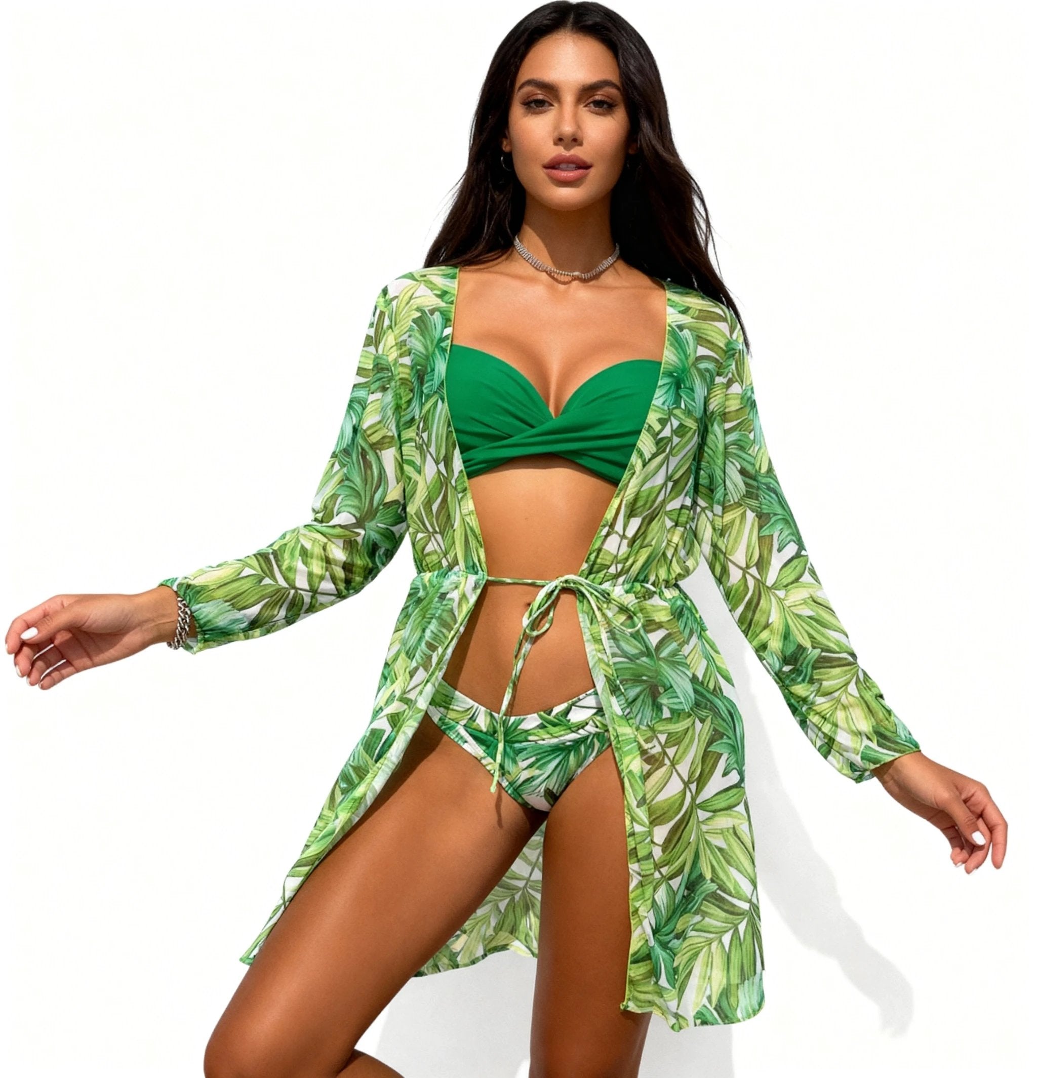 Ensemble Naïma Kimono Tropical Et Bikini Vert Deux Pièces Pour Un Éclat Estival Raffiné by Les Secrets de Léa