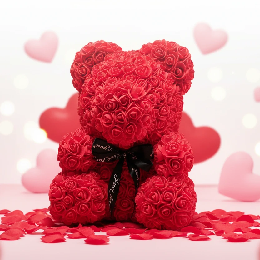 Ourson en Roses Éternelles Rouges, décoration en fleurs artificielles avec ruban noir, Les Secrets de Léa