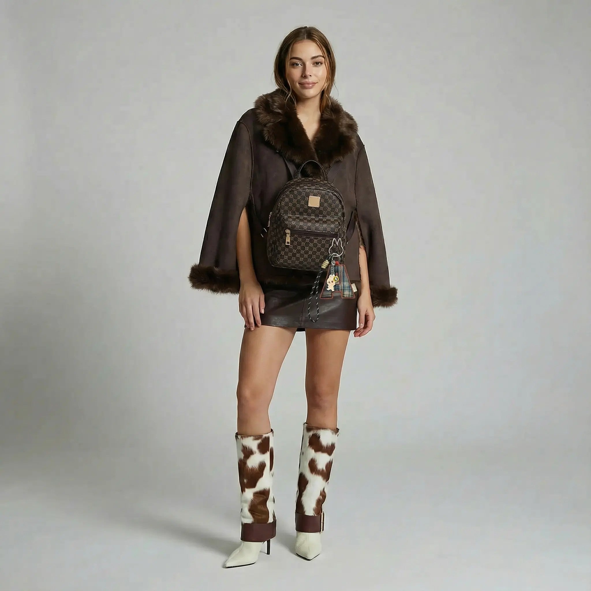 Rilibegan Classic Women's Backpack PU Brown Circle Pattern