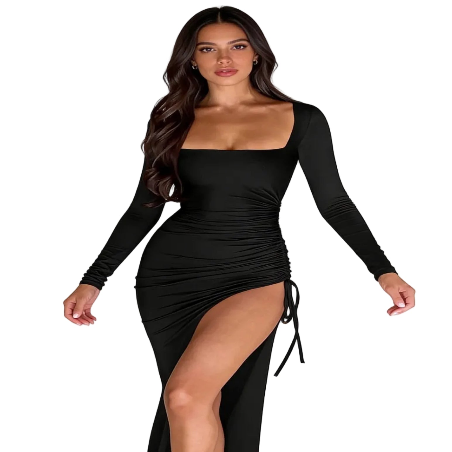 Robe longue froncée col carré noire – Clémence