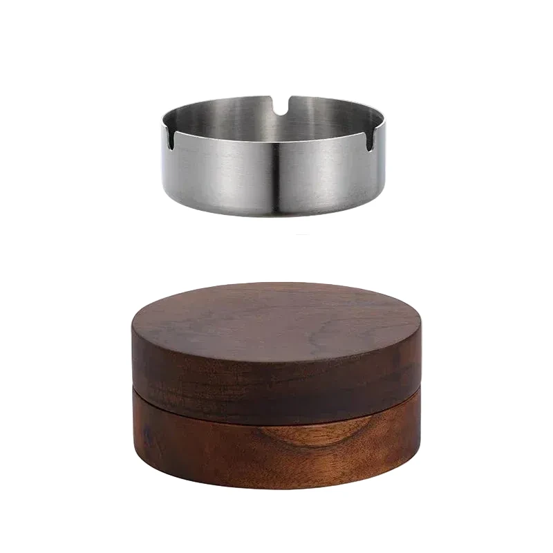 Cendrier de bureau en noyer et acier inoxydable, ensemble 2 pièces, bois brun et métal argenté