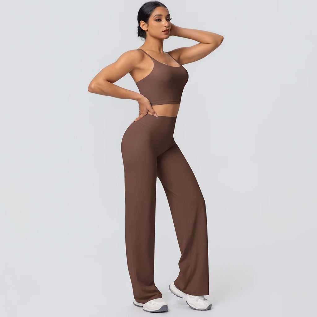 Ensemble Sport Femme Bleu Clair Dos Nu Bretelles Pantalon Taille Haute