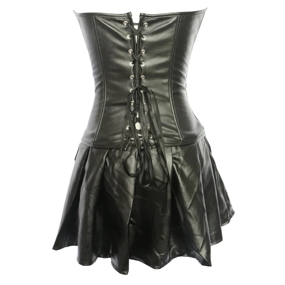 Corset Bustier and Mini Skirt Set with Lace-Up Detail – Black / Red