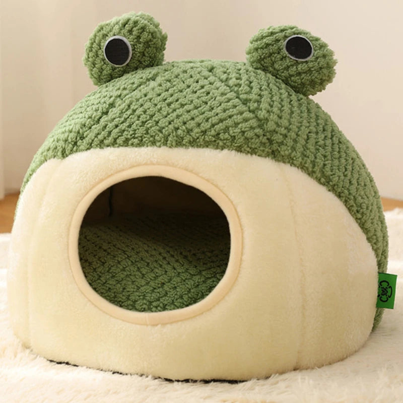 Nid Pour Animaux Grenouille Peluche Vert Semifermé