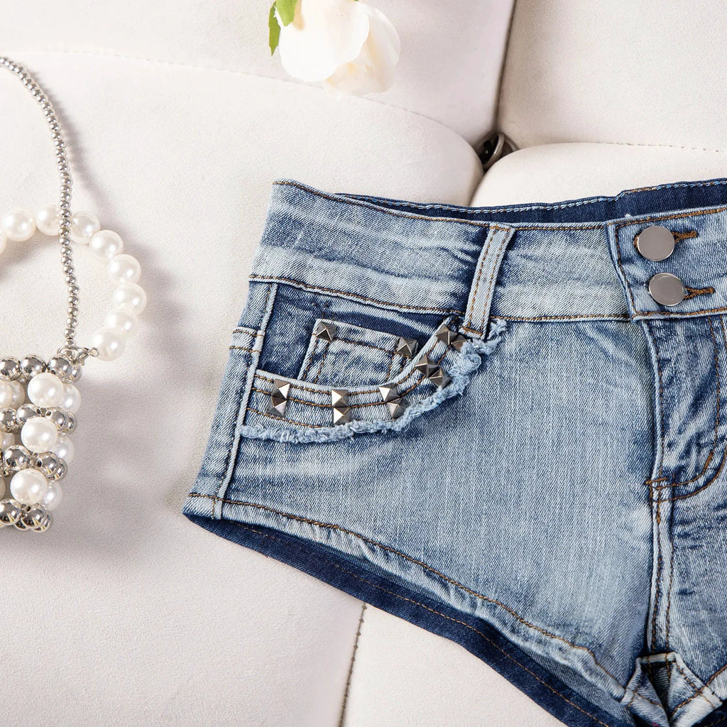 Short En Jean Femme Déchiré Taille Basse Rivets Y2K