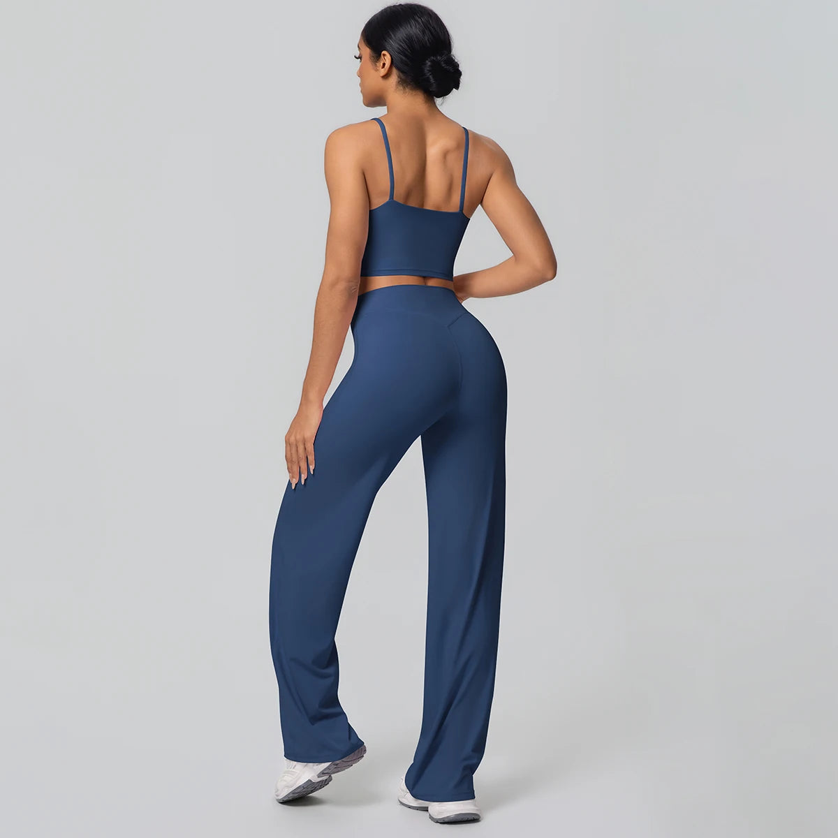 Ensemble Sport Femme Bleu Clair Dos Nu Bretelles Pantalon Taille Haute