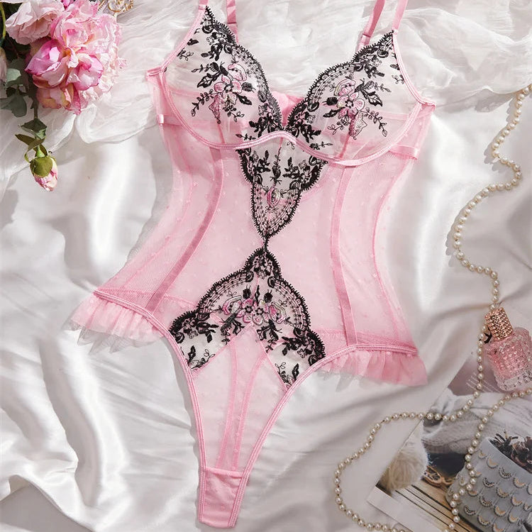 Body lingerie rose brodé fleuri – Mesh amincissant sans manches
