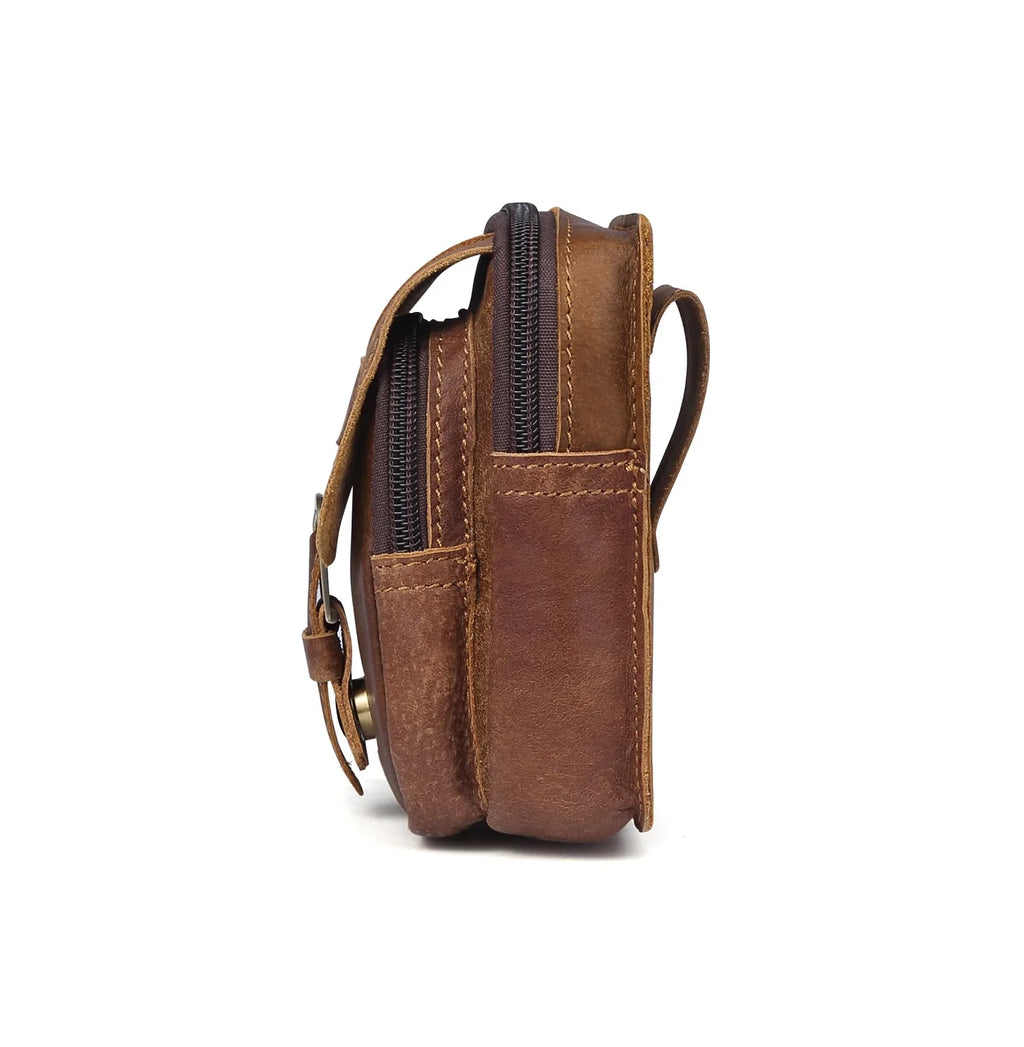 Sac de Taille en Cuir Brun avec Deux Compartiments et Fermeture Éclair