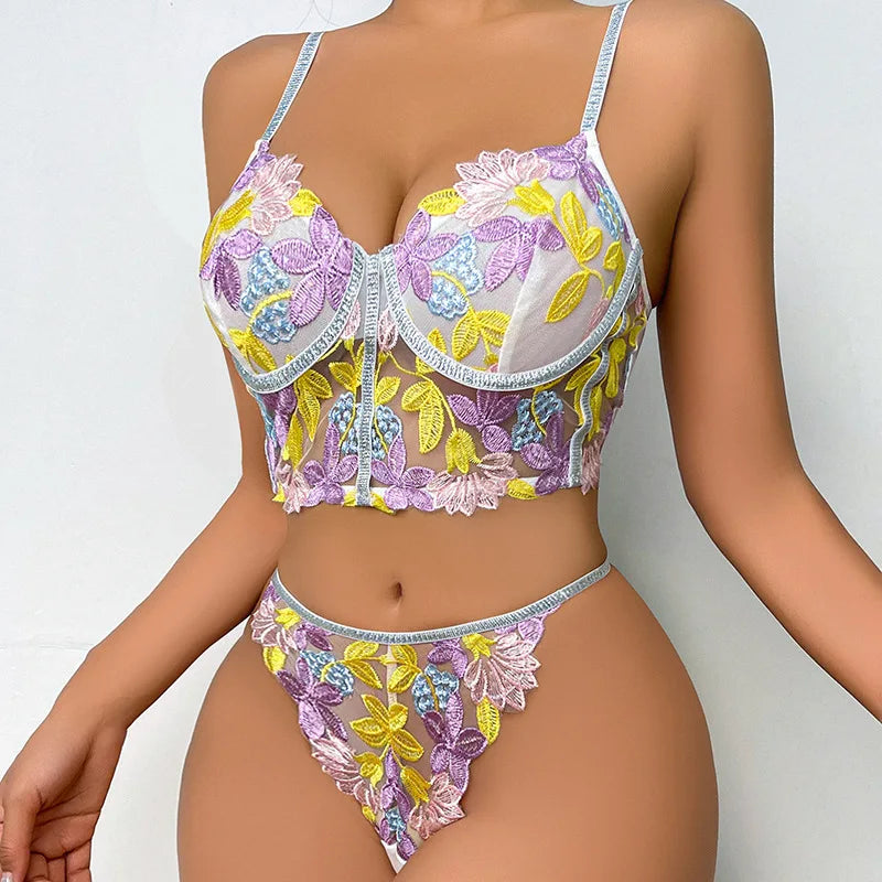 Les Secrets de Léa Ensemble Soutien-Gorge Transparent Maille Fleurie Dos Nu