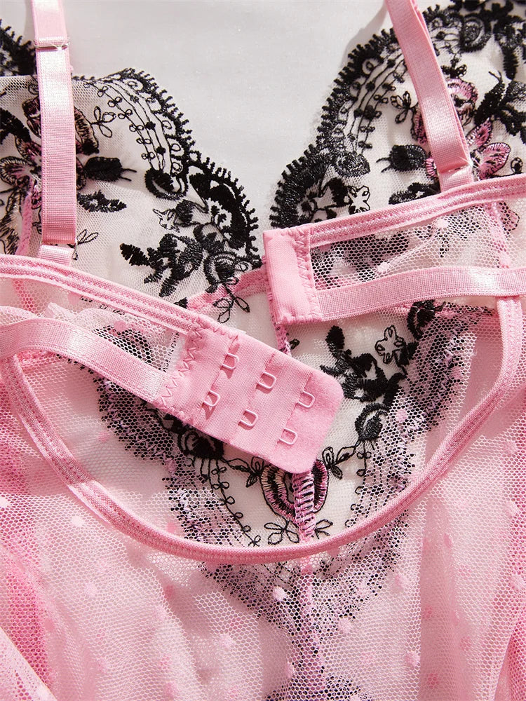 Body lingerie rose brodé fleuri – Mesh amincissant sans manches