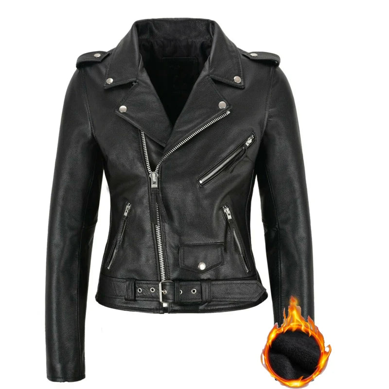 Veste Moto Cuir Noire Femme Style Punk Fermeture Éclair