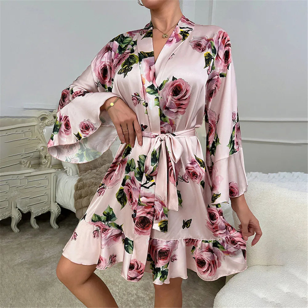 Les Secrets De Léa Robe Kimono Satin Imprimé Fleurs