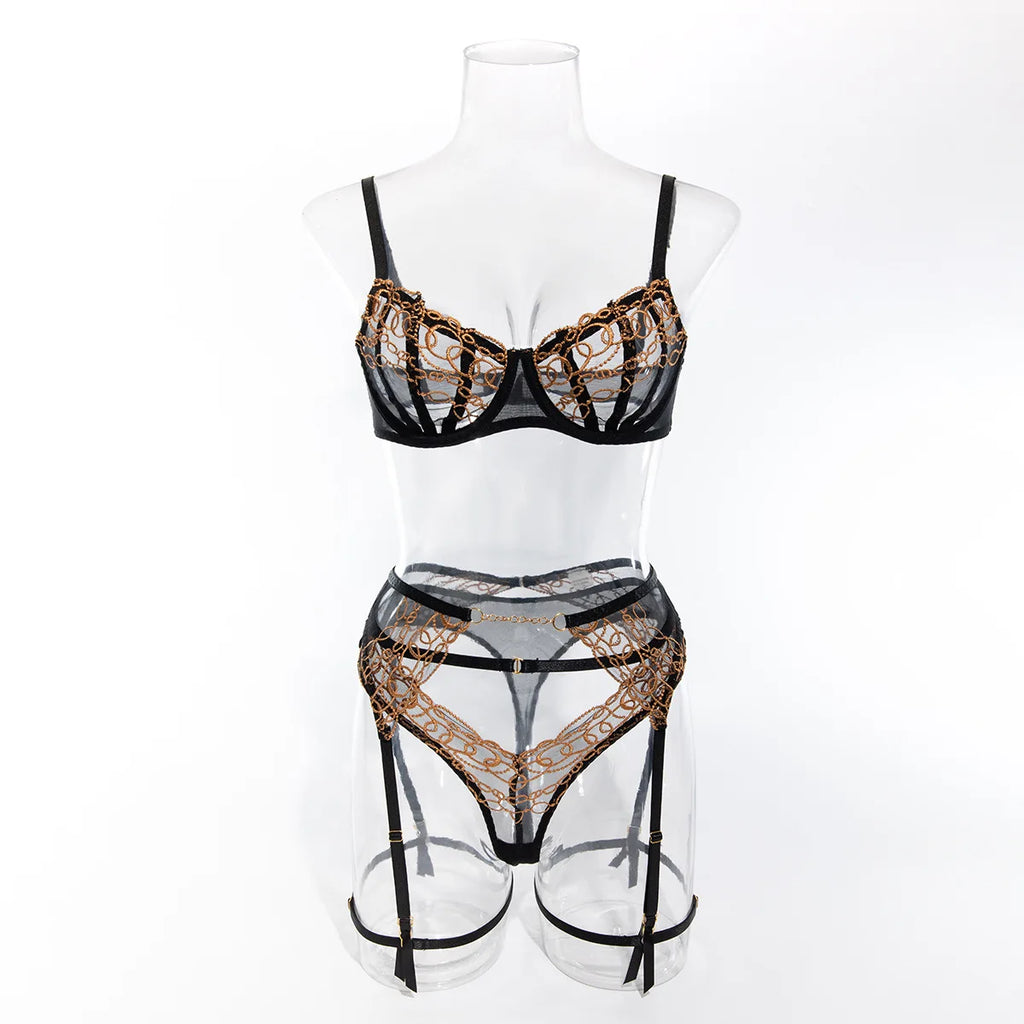 Toucheart Ensemble Lingerie 4 Pièces Dentelle Dorée Noire