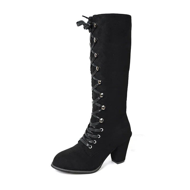 Botte femme mi-mollet noire à lacets croisés, suède, talon carré - LSDLBoutique