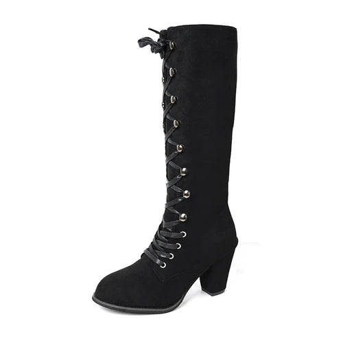 Botte femme mi-mollet noire à lacets croisés, suède, talon carré - LSDLBoutique