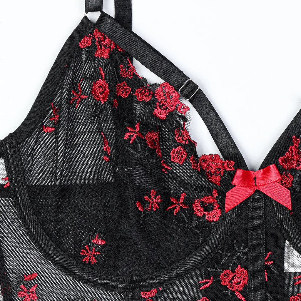 Diccvicc Ensemble Lingerie Corset Bandage Dentelle Florale Noir Rouge