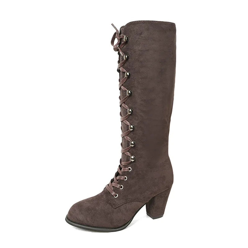 Botte femme mi-mollet à lacets croisés, suede marron, talon carré