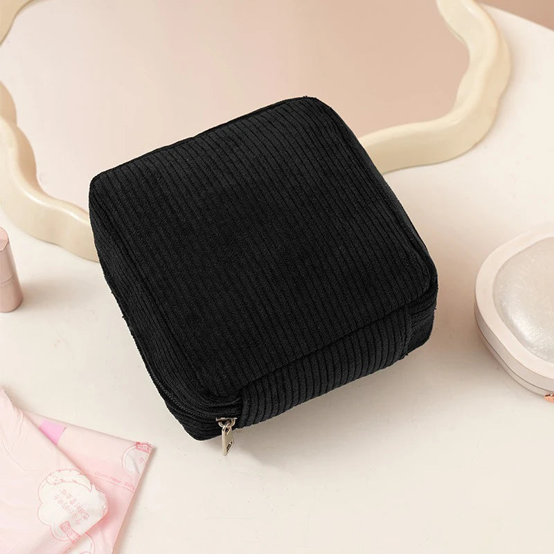 Pochette de rangement multifonction noire en tissu côtelé, petite trousse maquillage