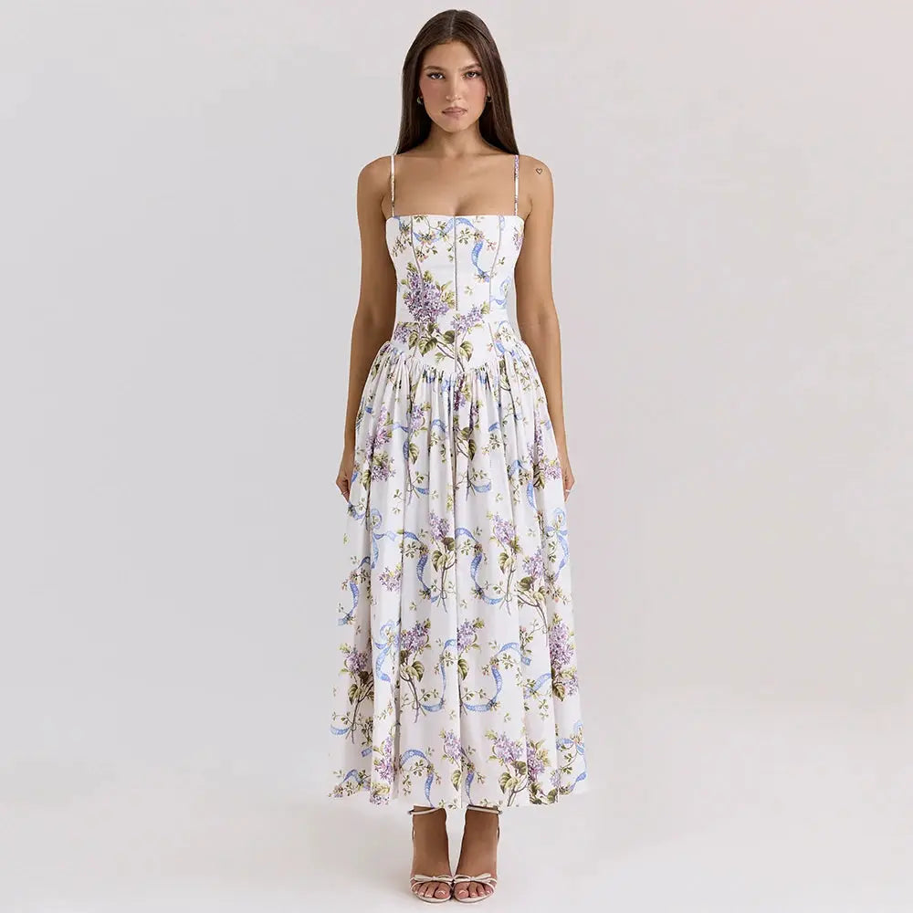 Mingmingxi Summer Elegant Floral Print Dress 2025 New Arrivals Spaghetti Strap Flared Maxi Vacation Party Dresses for Women