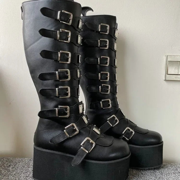 Bottes Cosplay Gothiques En Cuir À Boucles Plateforme