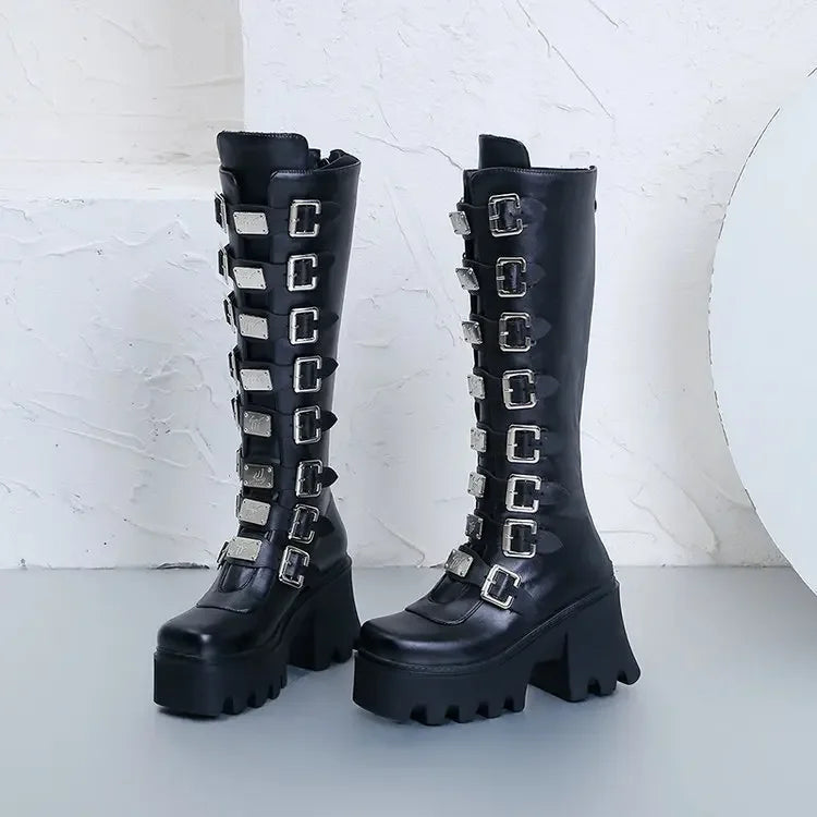 Bottes Cosplay Gothiques En Cuir À Boucles Plateforme