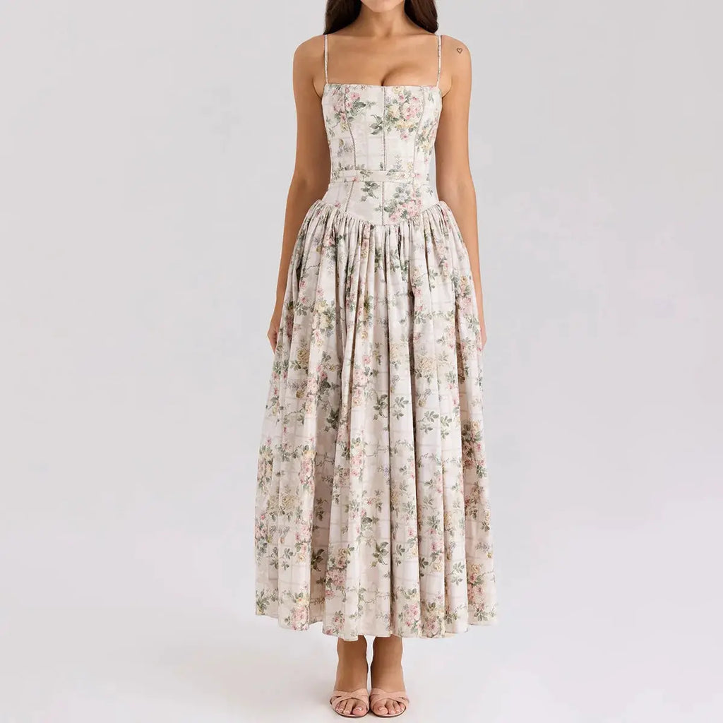 Mingmingxi Summer Elegant Floral Print Dress 2025 New Arrivals Spaghetti Strap Flared Maxi Vacation Party Dresses for Women