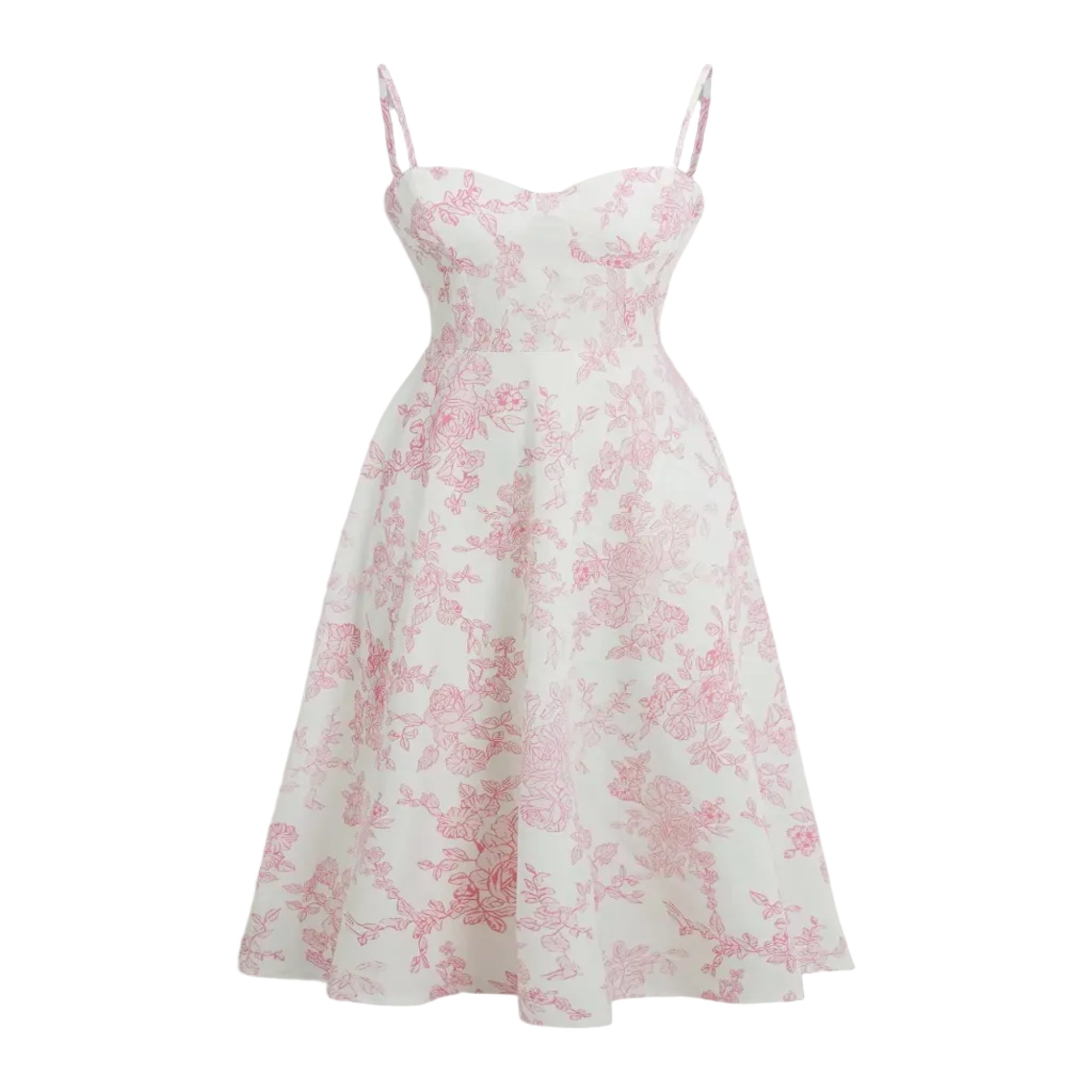 Robe longue blanche à imprimé floral rose, bretelles spaghetti et coupe évasée.