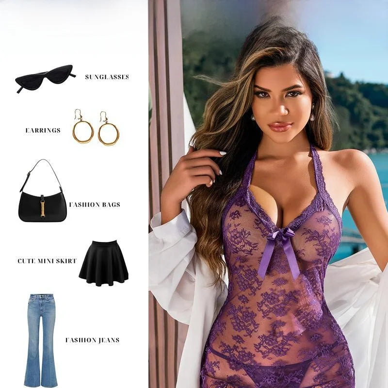 Chemise Lingerie Dentelle Noire Transparente Avec Perles Licou