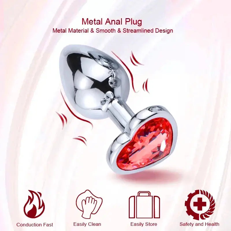 Plug anal en métal argenté avec cristal rouge, set de 3 tailles