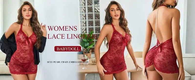 Chemise Lingerie Dentelle Noire Transparente Avec Perles Licou