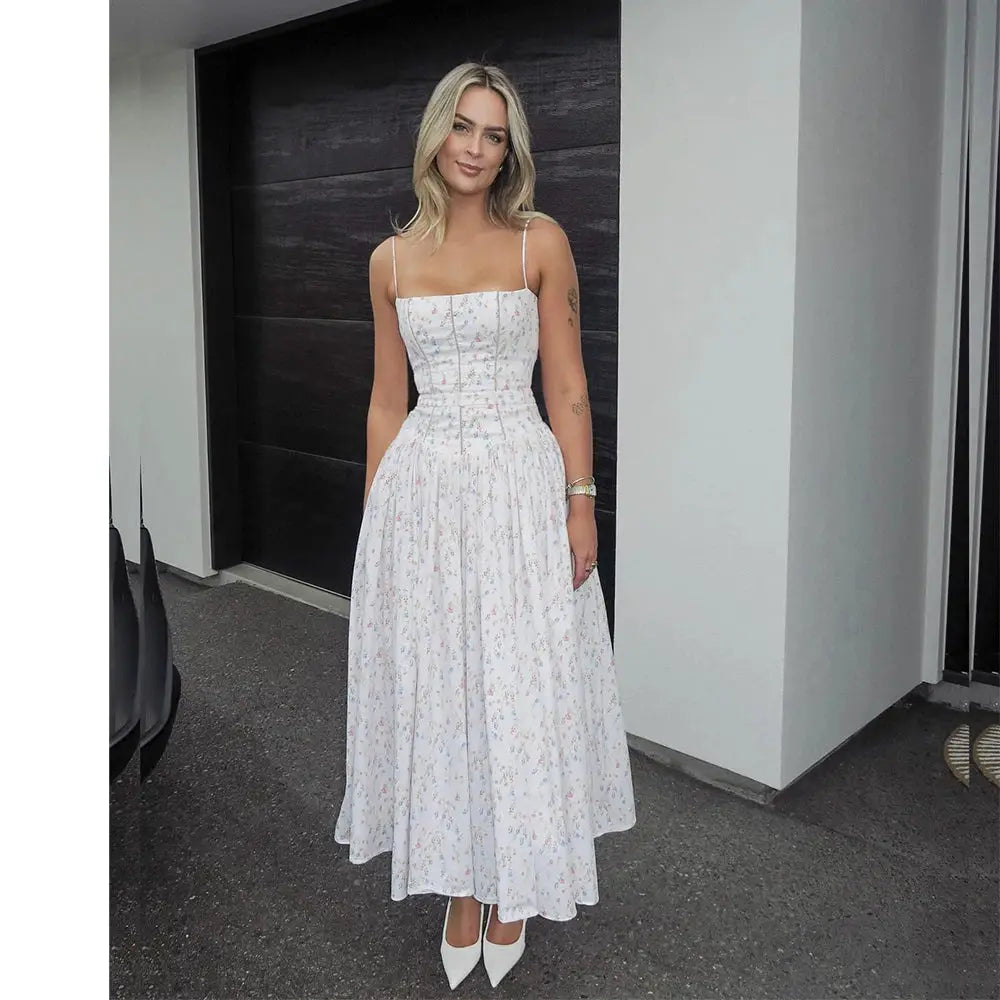 Mingmingxi Summer Elegant Floral Print Dress 2025 New Arrivals Spaghetti Strap Flared Maxi Vacation Party Dresses for Women