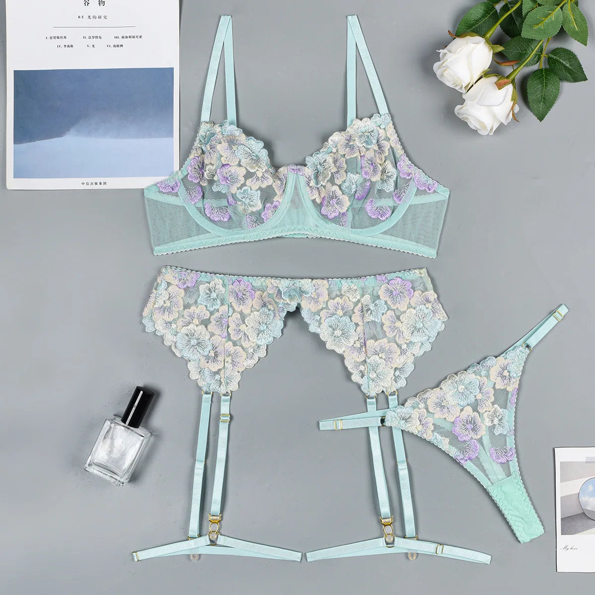Floral Lace Lingerie Set — Bra, Thong & Garter Belt
