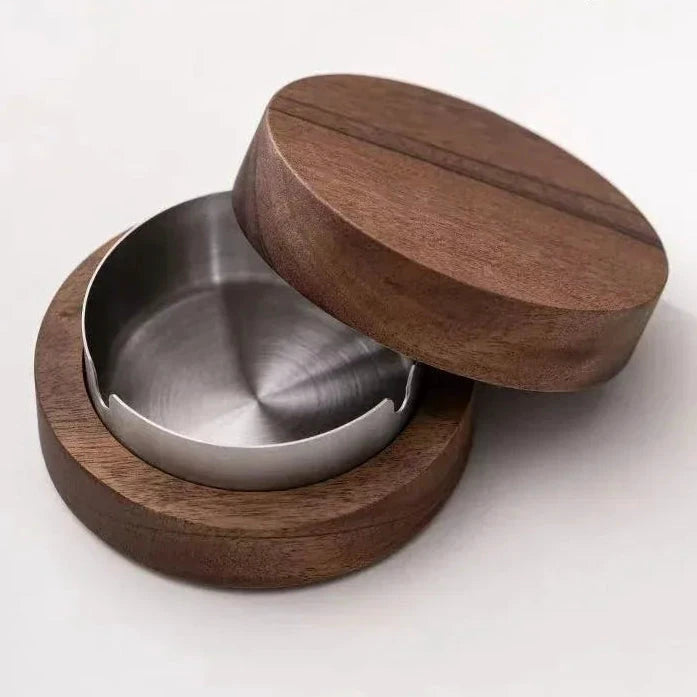 Cendrier de bureau en noyer et acier inoxydable, rond, insert métallique